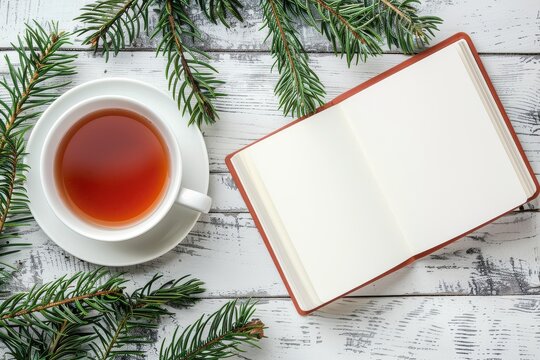 Cup of tea and open blank paper notebook or planer on a white wooden table, christmas tree branches, copy space, top view