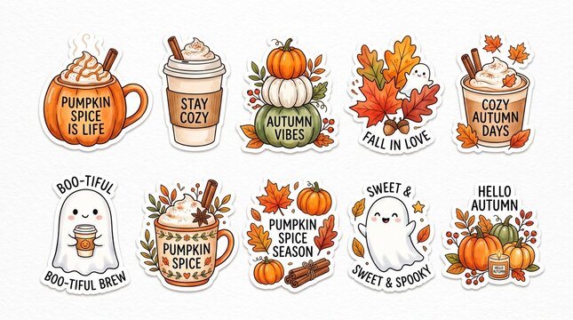 Set of cute autumn stickers with pumpkin spice coffee ghosts and falling leaves for seasonal fall decoration