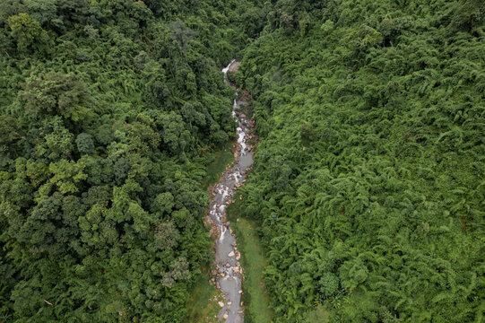 Aerial view of Khao Chong Lom is a natural famous tourist attraction located in Khun Dan Prakan Chon Dam. Nakhon Nayok Province, Thailand.