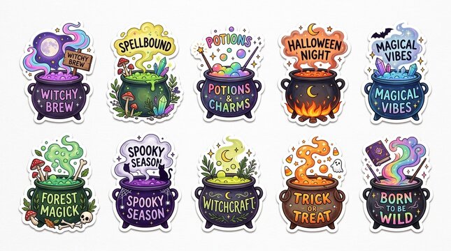 Set of ten colorful halloween witch cauldron stickers with magic potion bubbles and spooky holiday text labels