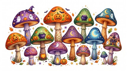 Fototapeta premium Set of colorful decorative halloween mushrooms with pumpkins ghosts and magic patterns for autumn season