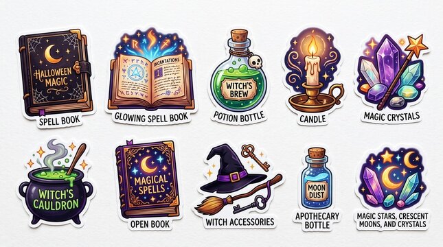 Set of colorful magic witch stickers with spell books potion bottles crystals cauldron and wizard accessories