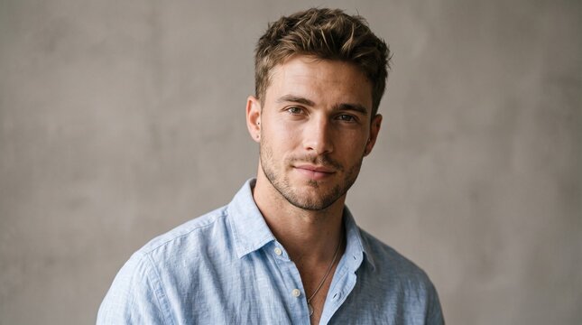 Portrait of a handsome young man with short brown hair and light stubble wearing a light blue linen shirt against a textured grey background