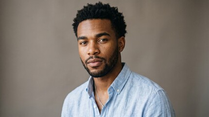 Fototapeta premium Portrait of a handsome young african american man with a short beard and curly hair wearing a light blue buttondown shirt against a neutral grey studio background