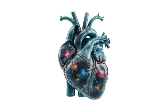 Anatomical human heart with glowing nebula patterns and veins in shades of teal and dark blue isolated on a transparent background
