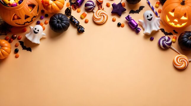 Playful Halloween candy border with pumpkins and festive copy space