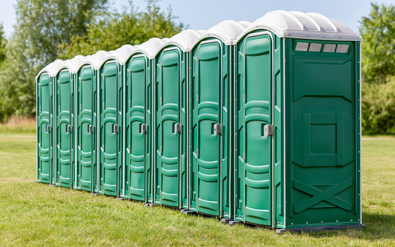 Row of green portable toilets in public park