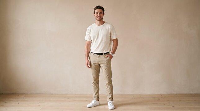 Full body portrait of a smiling young man in a casual cream tshirt and beige chinos standing against a neutral textured wall in a bright studio setting