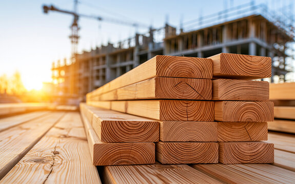 Stack of wooden planks at construction site with building skeleton and crane at sunset