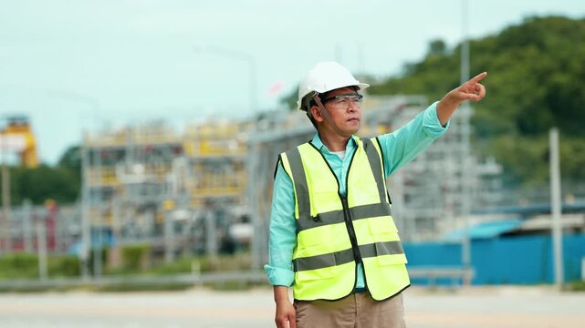 Construction engineer pointing toward oil construction site outdoors, wearing safety vest and hard hat, guiding industrial workers with focused expression during building development and professional