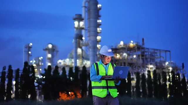 Engineer Oil Refinery Worker Wearing Reflective Vest Using Laptop at Industrial Plant During Blue Hour, Illuminated Processing and Distillation Towers, Industrial Equipment, Trees, Focused Expression