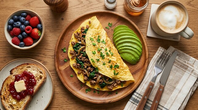 Top View Table Spread of Folded Stuffed Egg Omelet with Minced Meat and Fresh Avocado Slices on Wooden Plate omelet stuffed omelet minced meat spinach avocado breakfast food top view meal egg dish
