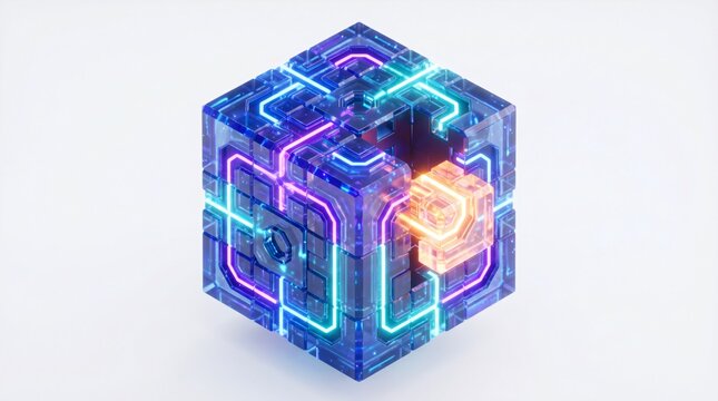 3D isometric illustration of a futuristic glowing puzzle cube with a final piece