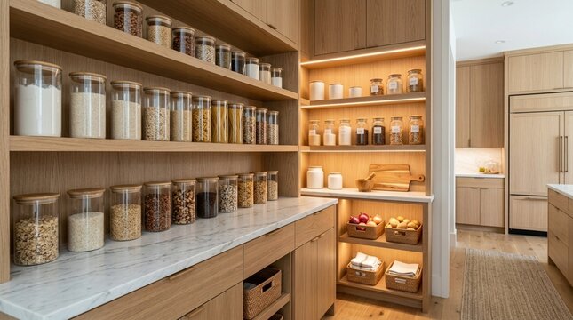 Organized Pantry with Glass Jars, Natural Wood Shelves, and LED Lighting