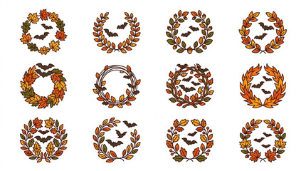Fototapeta premium Autumn leaf wreaths with bats and pumpkins illustration.