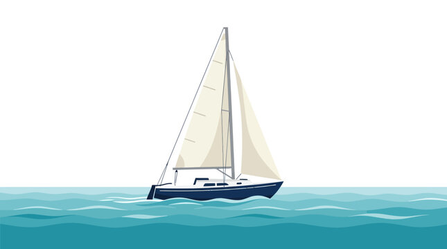 Vector Illustration of a White Sailboat Sailing on Calm Blue Ocean Water against a White Background