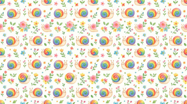 Cute Snails with Rainbow Spiral Shells Watercolor Seamless Pattern