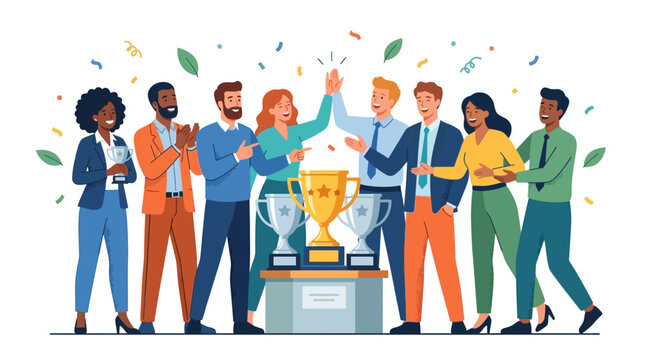 Teamwork success, celebration with trophy, confetti, high five, diverse group achievements