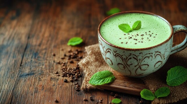 Green matcha latte with mint