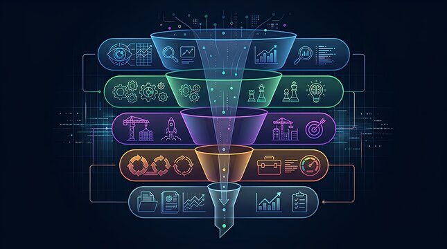 Functional Dark Theme Funnel Chart Infographic With Five Tiered Rounded Rectangles Five Step AEIOU Method Framework Slide Layout Featuring Stacked Rounded Shapes and Central Funnel Diagram for