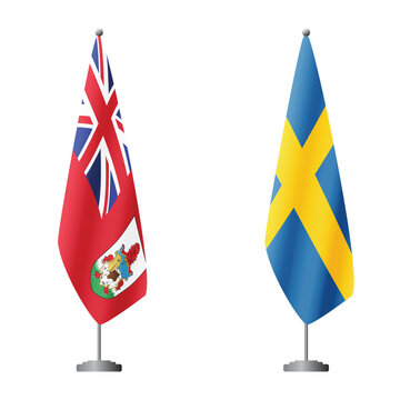 Bermuda and Sweden flags on flagpoles for official ceremonies and meetings, transparent background vector