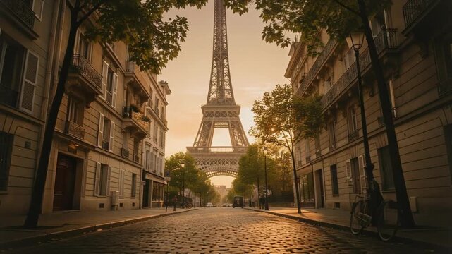 Serene Paris streets at sunrise with the Eiffel Tower majestic cityscape travel view