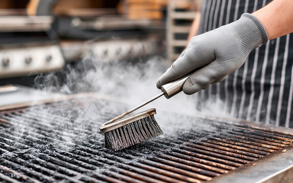 Hands in gloves cleaning hot grill with metal brush