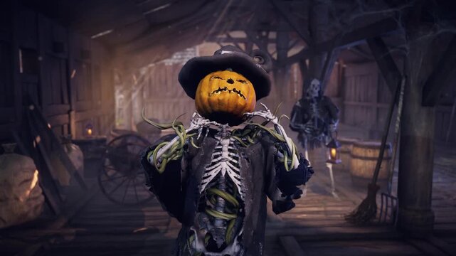Funny 3D animation of Halloween pumpkin head skeleton talking and scaring in eerie haunted barn. Spooky background for holiday greeting cards, invitations, posters, and party events.