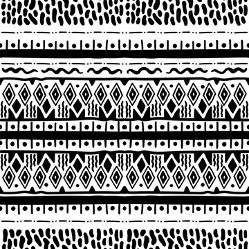 Folk geometric seamless pattern. Tribal motif. Mexican border vector background. Black and white zigzag stripe print 