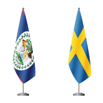 Belize and Sweden flags on flagpoles for official ceremonies and meetings, transparent background vector