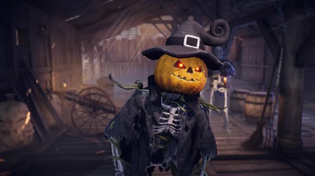 Funny 3D animation of Halloween pumpkin head skeleton talking and scaring in eerie haunted barn. Spooky background for holiday greeting cards, invitations, posters, and party events.