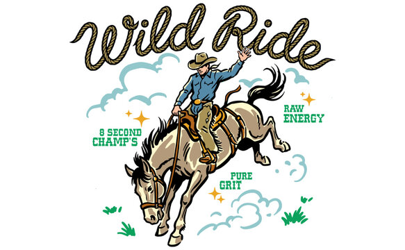 Wild Ride rodeo cowboy riding bucking bronco horse. Western Artwork design for t shirt print, poster, sticker and other uses.