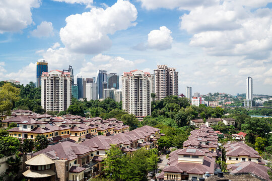 Aerial view of traditional houses and skyscrapers from the Thean Hou temple, Kuala Lumpur, Malaysia