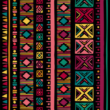 Folk geometric seamless pattern. Tribal motif. Mexican border vector background. Multicolor bright zigzag stripe print