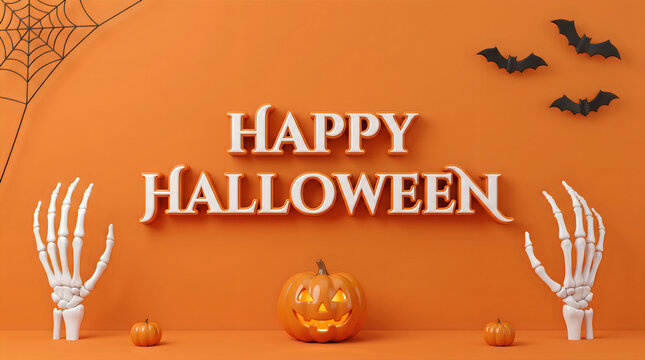 A festive orange background featuring creative halloween 3d typography with skeleton hands bats and pumpkins for a spooky holiday celebration