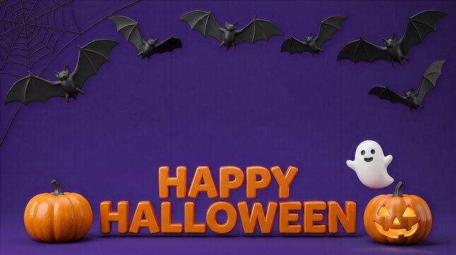 Festive seasonal background featuring creative halloween 3d typography with orange pumpkins a cute ghost and flying bats on purple backdrop