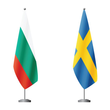 Bulgaria and Sweden flags on flagpoles for official ceremonies and meetings, transparent background vector