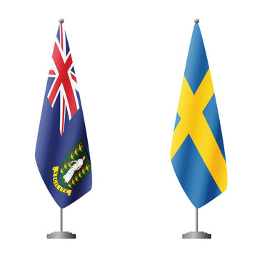 British Virgin Islands and Sweden flags on flagpoles for official ceremonies and meetings, transparent background vector
