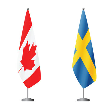 Canada and Sweden flags on flagpoles for official ceremonies and meetings, transparent background vector
