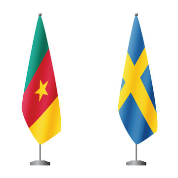 Cameroon and Sweden flags on flagpoles for official ceremonies and meetings, transparent background vector