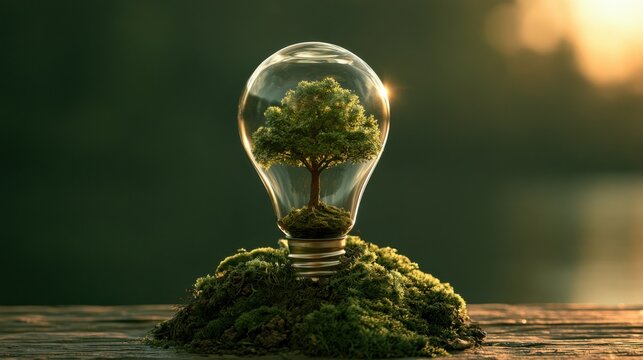 Green energy concept with a light bulb containing a growing tree, symbolizing renewable resources, sustainable development, environmental protection, clean technologies and greener future