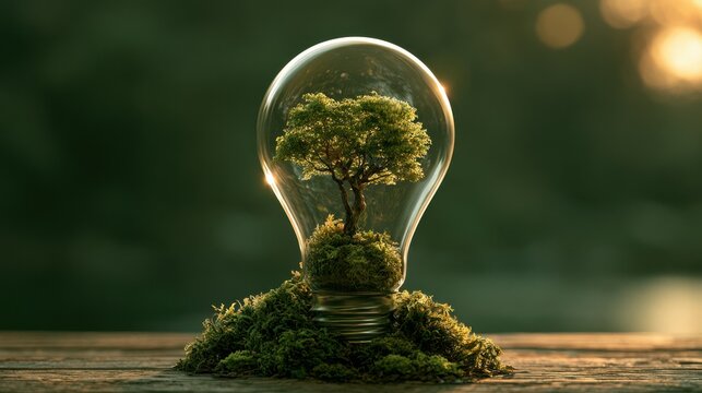 Light bulb with a living tree surrounded by moss, representing green energy, ecological innovation, sustainability, renewable resources, nature conservation and responsible environmental growth