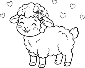 Obraz premium Cute cartoon lamb coloring page for children featuring a happy sheep with a bow and floating hearts