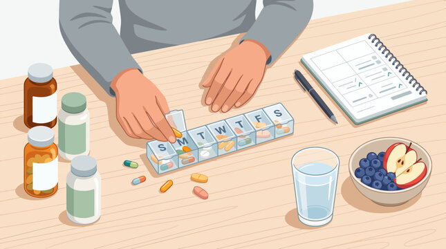 A person sorting pills into a weekly organizer. The image depicts a table with bottles of medication, a glass of water, a bowl of fruit, a pen, and a notebook with a daily schedule