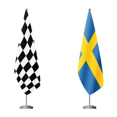 Fototapeta premium Checkered and Sweden flags on flagpoles for official ceremonies and meetings, transparent background vector