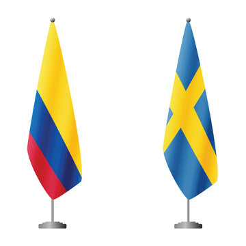 Colombia and Sweden flags on flagpoles for official ceremonies and meetings, transparent background vector