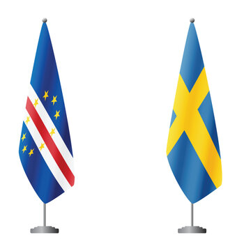 Cape Verde and Sweden flags on flagpoles for official ceremonies and meetings, transparent background vector