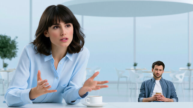 Young woman yapping and gesturing in cafe while bored man listens in background, showing excessive talking, communication overload and social fatigue
