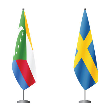 Comoros and Sweden flags on flagpoles for official ceremonies and meetings, transparent background vector