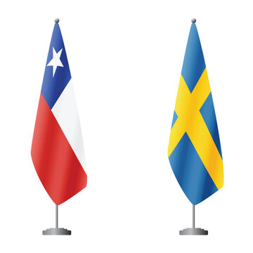 Chile and Sweden flags on flagpoles for official ceremonies and meetings, transparent background vector
